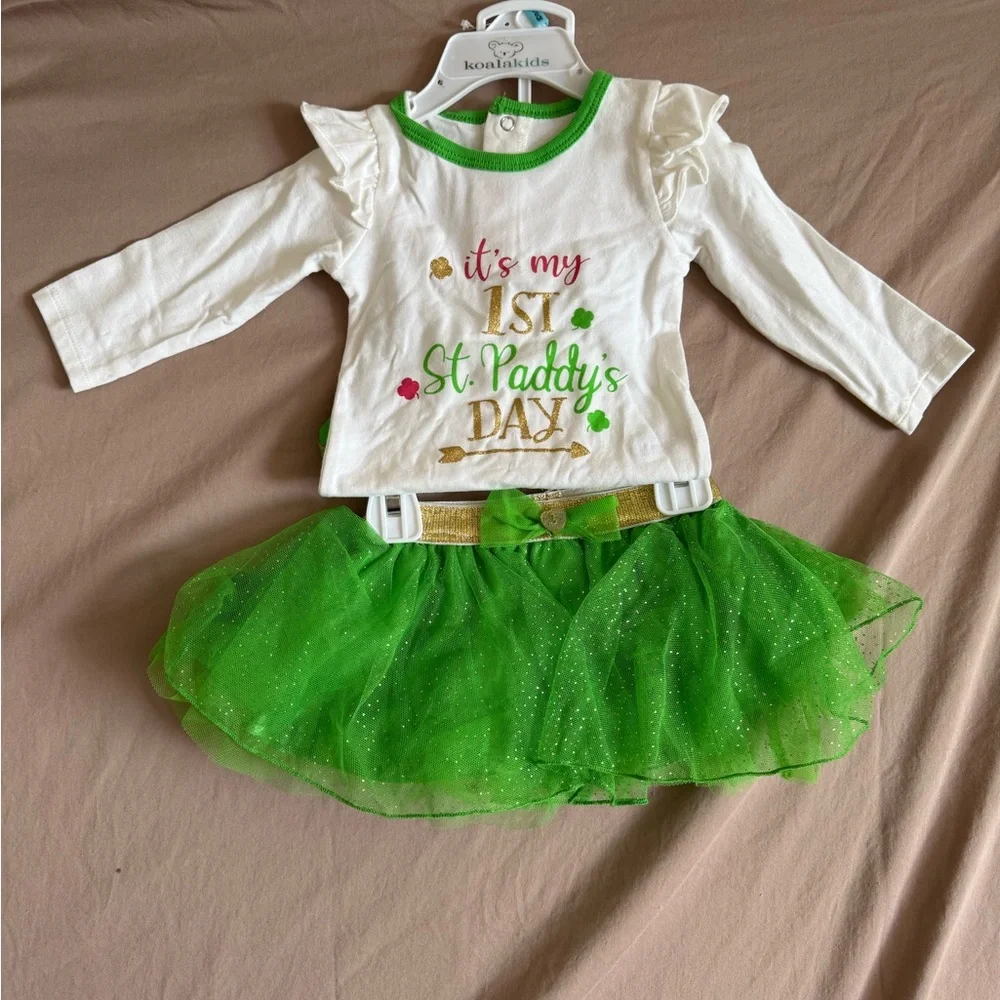Koala Kids St. Paddy's Day Set - White and Green long sleeve onesie tutu ruffles